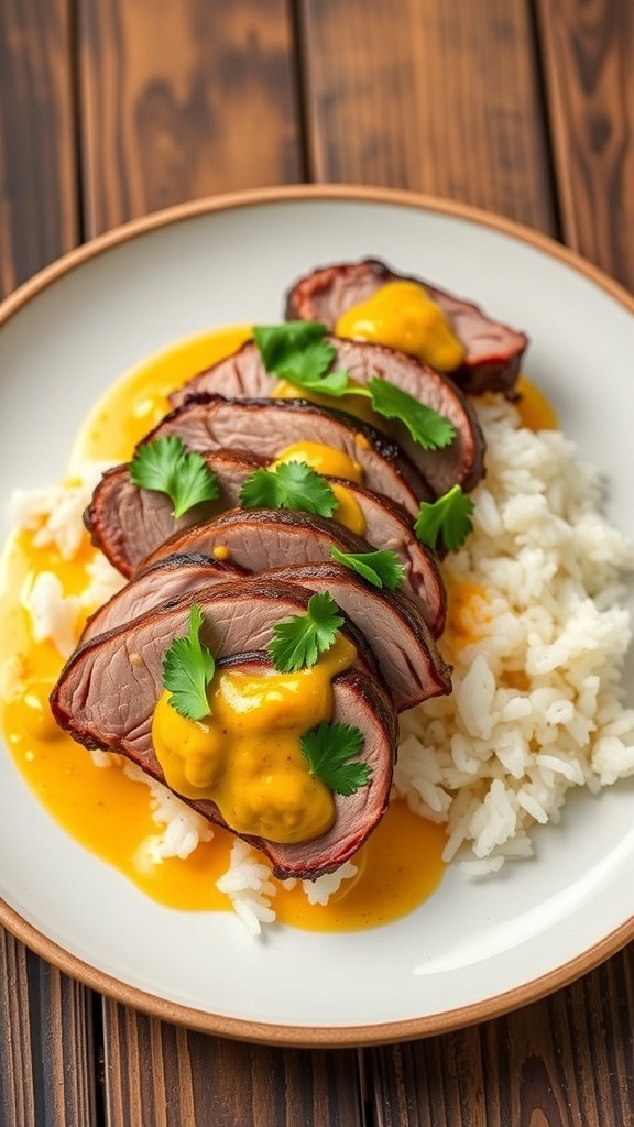 Duck with Yellow Curry Sauce Recipe Sliced duck breast with yellow curry sauce and cilantro, served with rice on a rustic table.